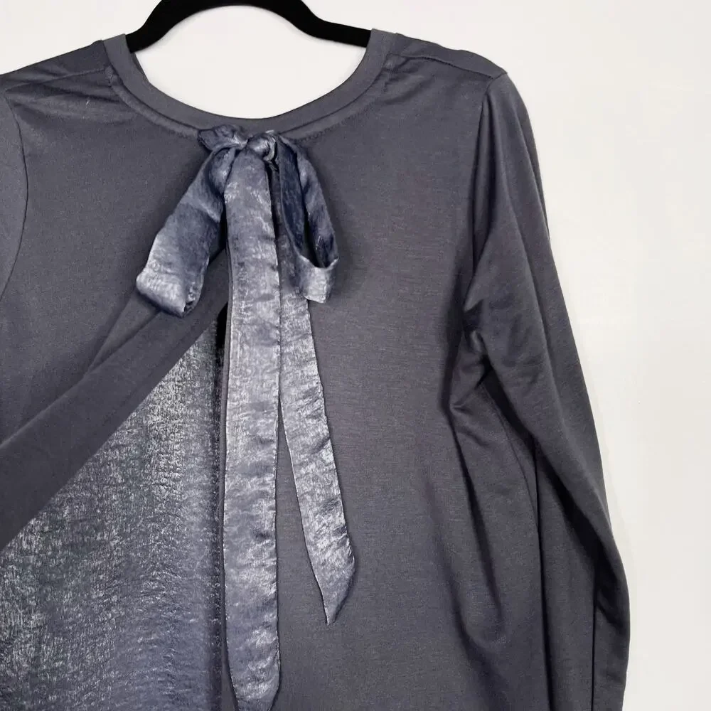 Bobeau Gray Blue MP Tie Open Back Long Sleeve Top Medium Petite Crew Neck